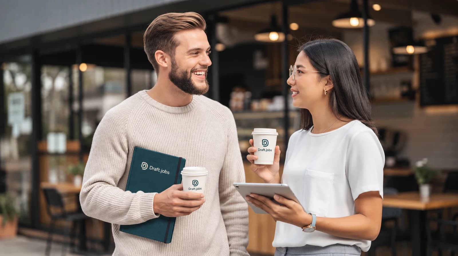 An illustrative conversation over Draft.jobs coffee cups