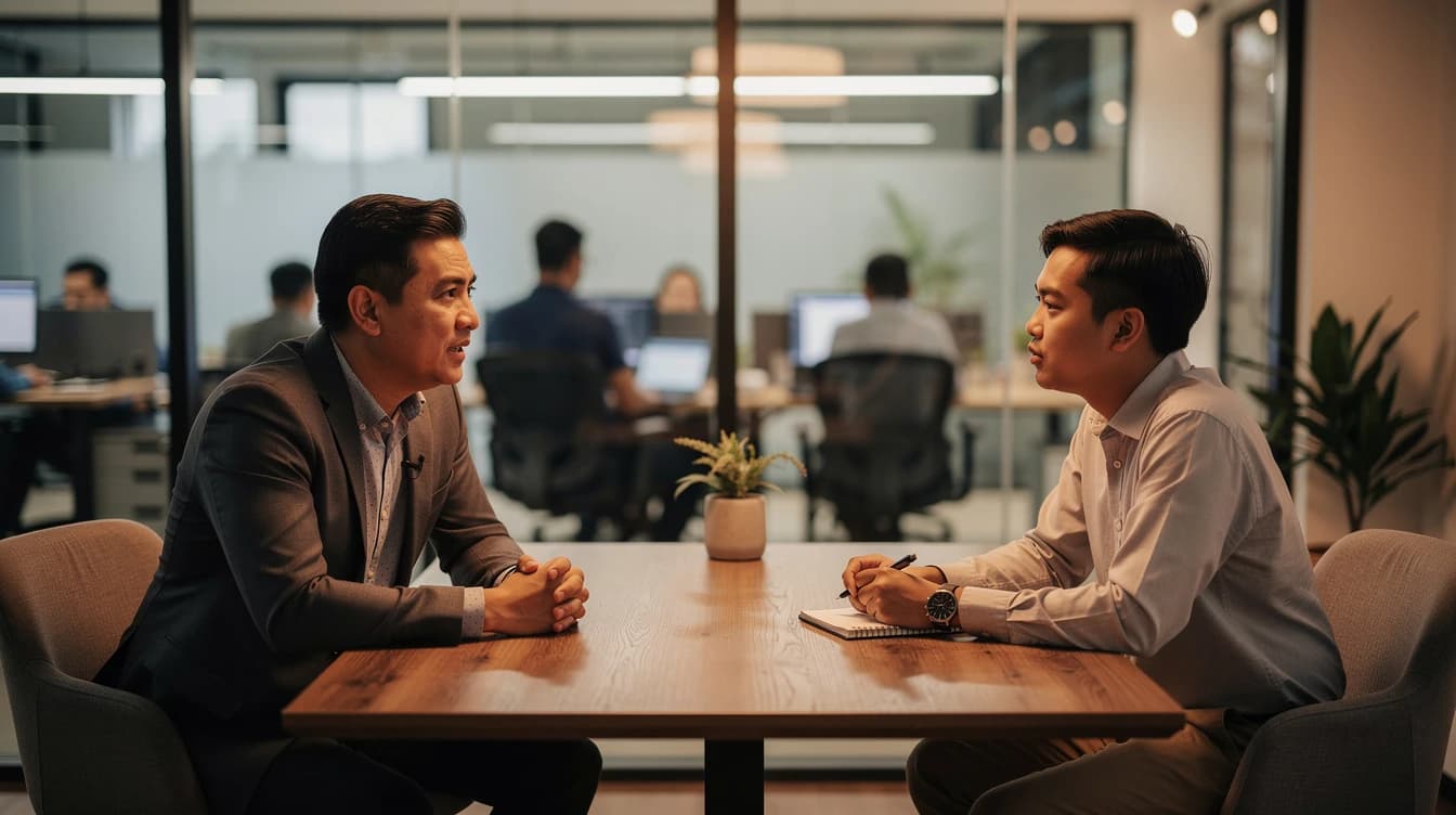 Two people having a focused interview across a table