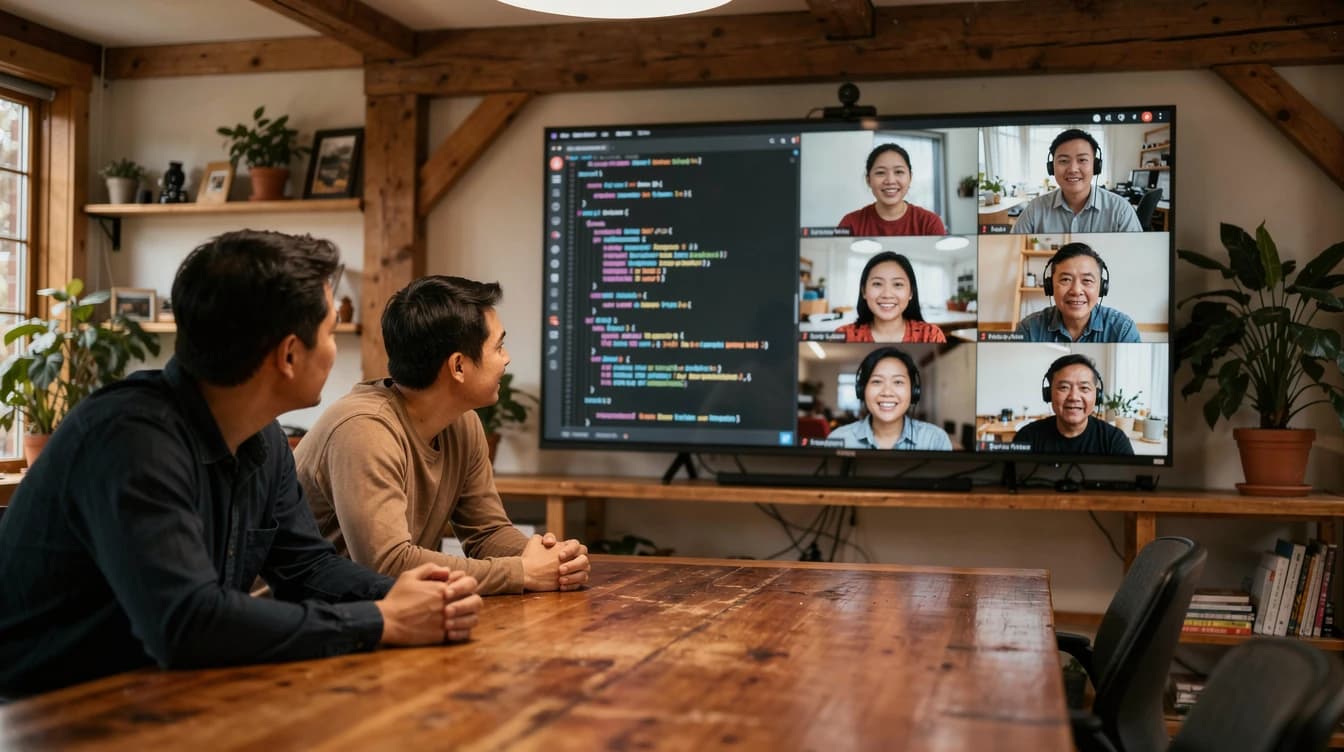 Colleagues working with shared information during a hybrid meeting