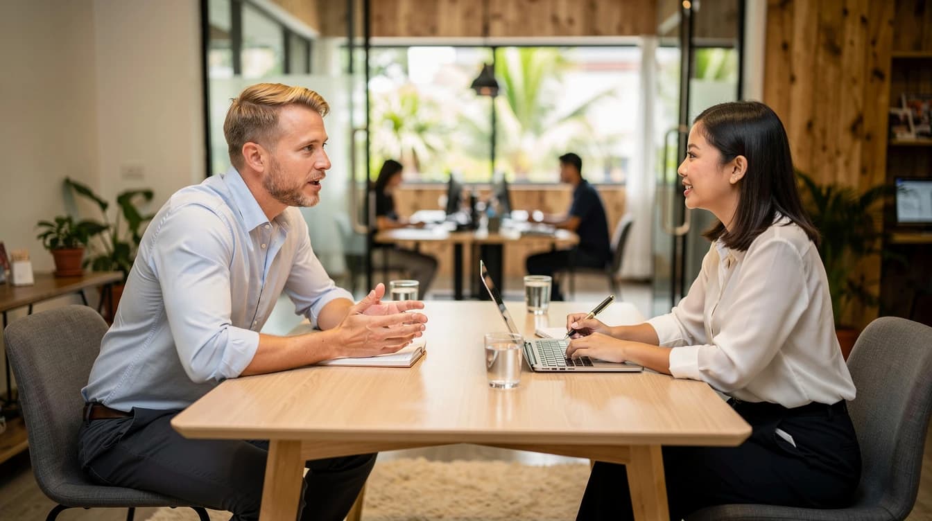 Two people discussing the next step across a meeting table