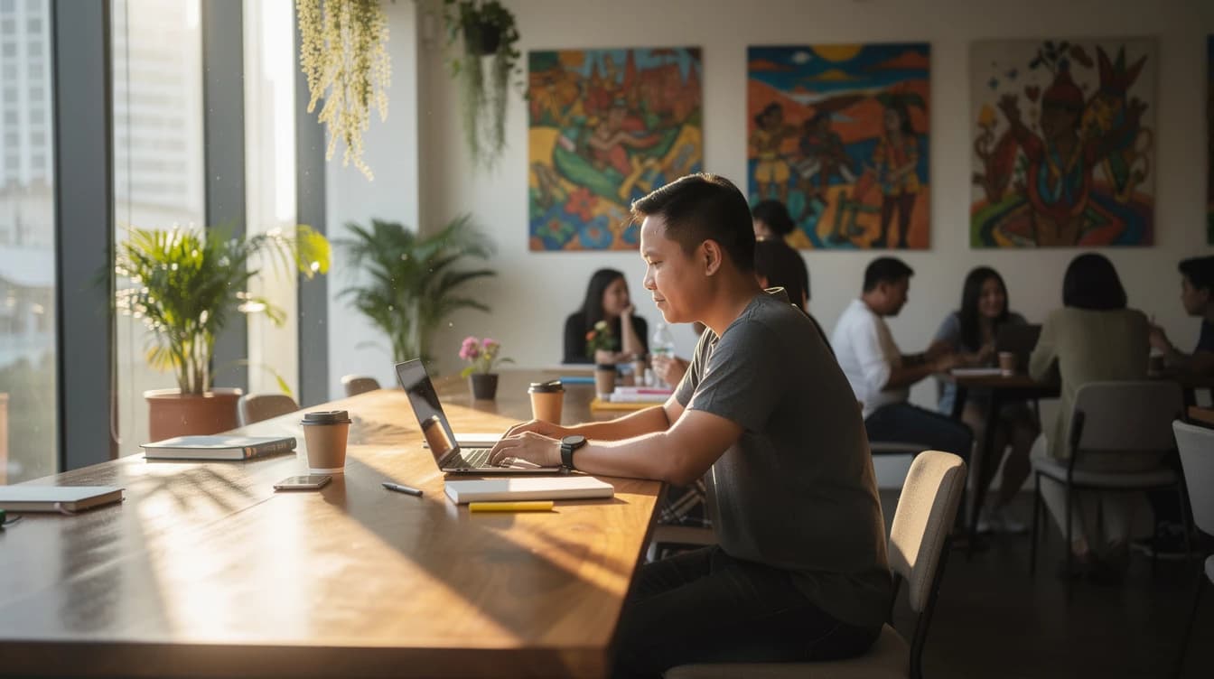 A professional working on a laptop beside a cafe window