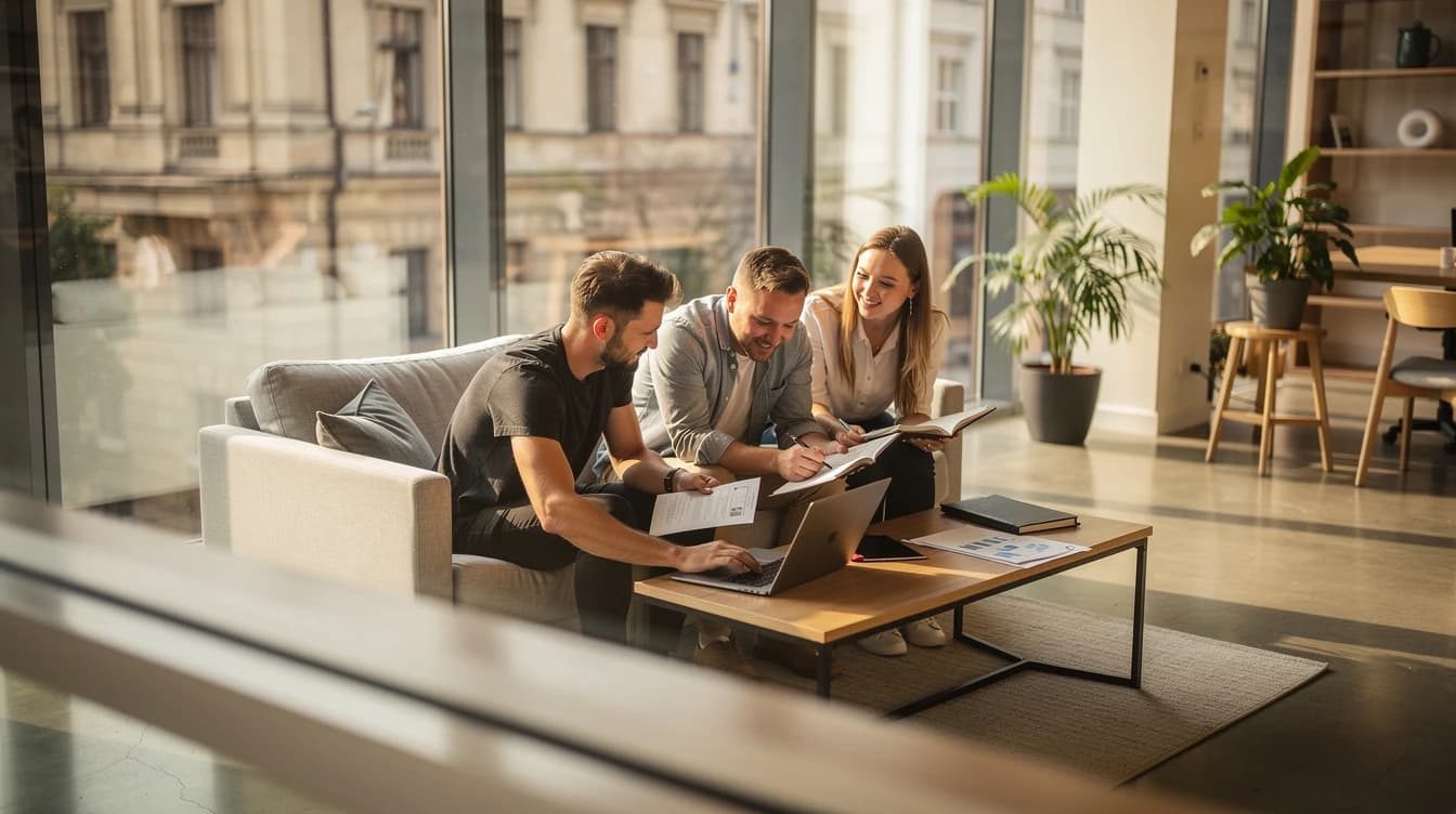 A small team discussing ideas around a coffee table