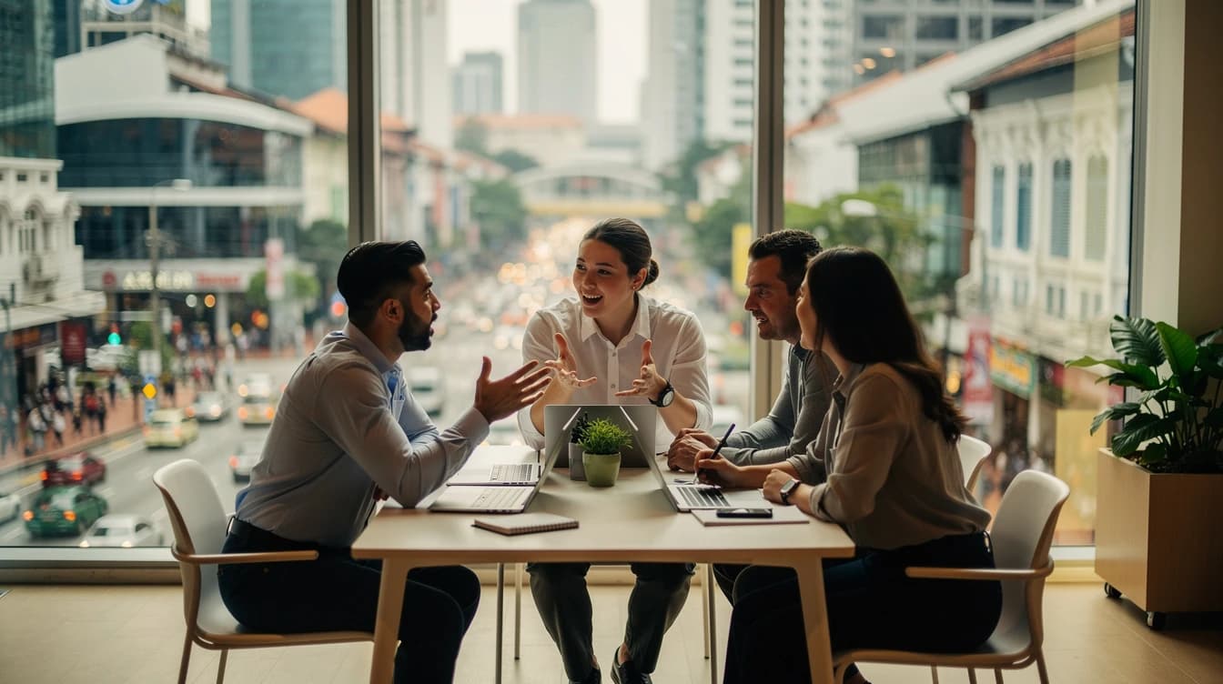 Colleagues planning their next steps around an office table