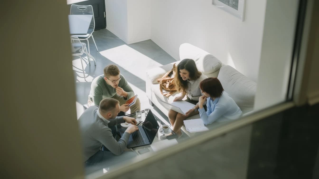 An overhead view of colleagues sharing ideas around a table