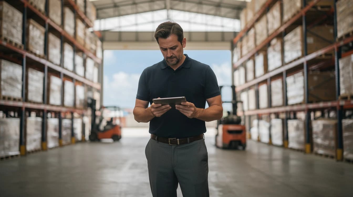 A warehouse professional reading a handheld device