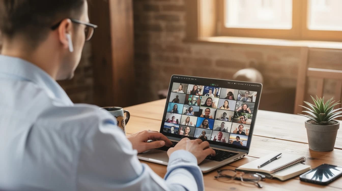 A professional keeping in touch with colleagues from a home workspace